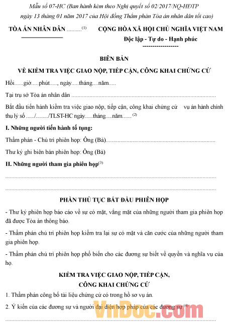 Mẫu số 07-HC: Biên bản kiểm tra việc giao nộp chứng cứ