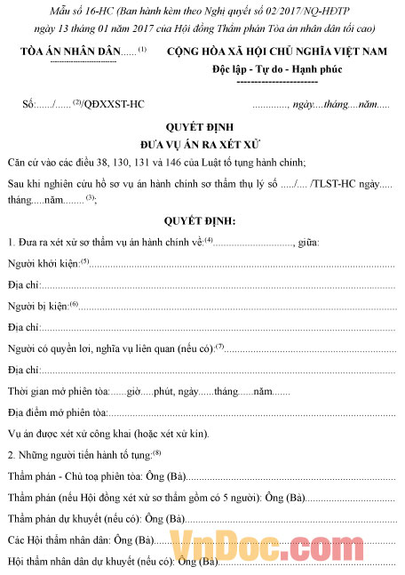 Mẫu số 16-HC: Quyết định đưa vụ án ra xét xử