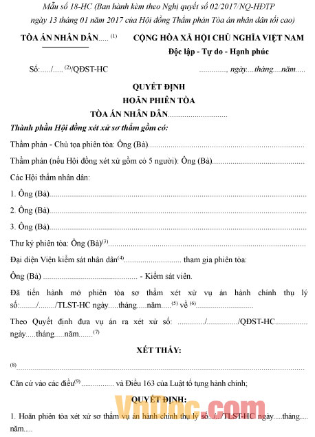 Mẫu số 18-HC: Quyết định hoãn phiên tòa vụ án hành chính