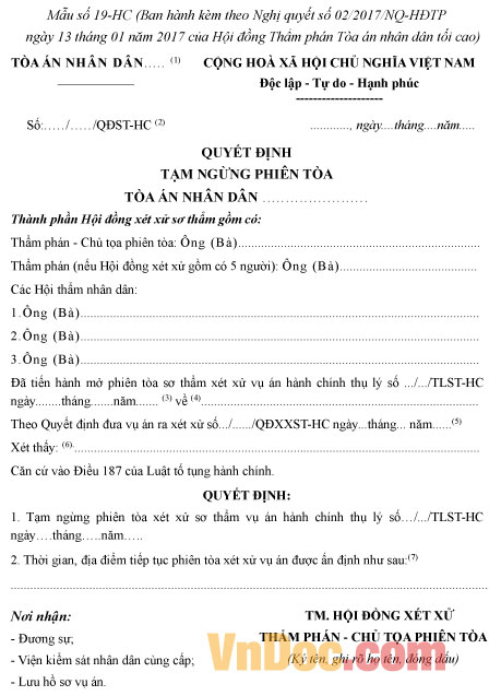 Mẫu số 19-HC: Quyết định tạm ngừng phiên tòa vụ án hành chính