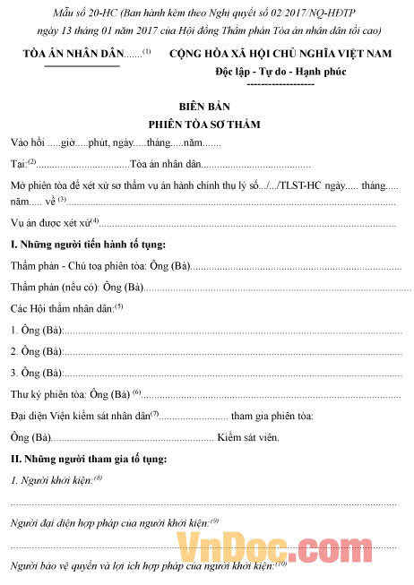Mẫu số 20-HC: Biên bản phiên tòa sơ thẩm vụ án hành chính