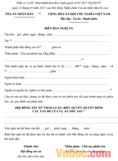 Mẫu số 21-HC: Biên bản nghị án vụ án hành chính