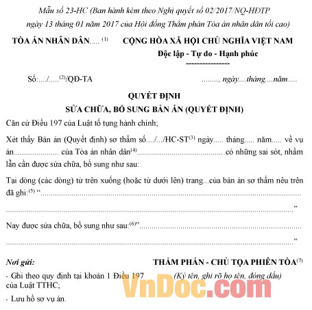 Mẫu số 23-HC: Quyết định sửa chữa, bổ sung bản án vụ án hành chính