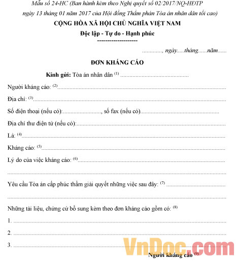 Mẫu số 24-HC: Đơn kháng cáo vụ án hành chính