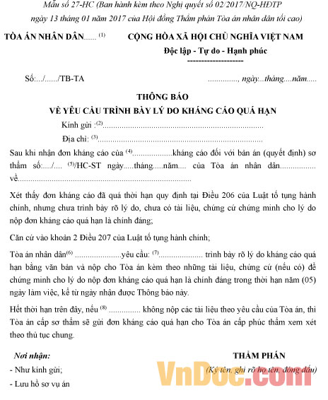 Mẫu số 27-HC: Thông báo về yêu cầu trình bày lý do kháng cáo quá hạn