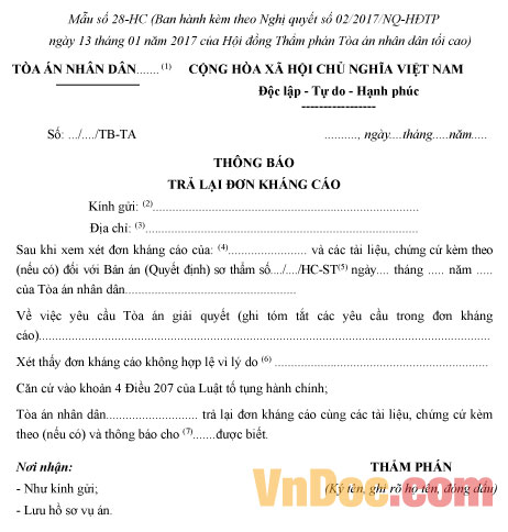 Mẫu số 28-HC: Thông báo trả lại đơn kháng cáo vụ án hành chính