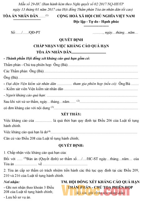 Mẫu số 29-HC: Quyết định chấp nhận việc kháng cáo quá hạn