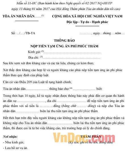 Mẫu số 31-HC: Thông báo nộp tiền tạm ứng án phí phúc thẩm vụ án hành chính