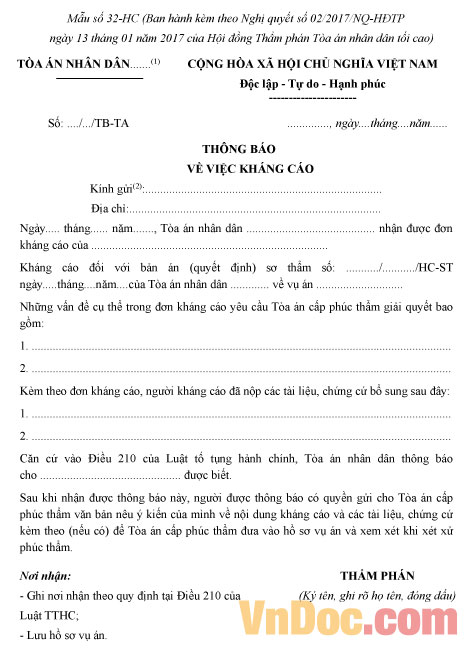 Mẫu số 32-HC: Thông báo về việc kháng cáo vụ án hành chính