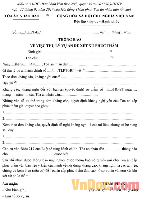 Mẫu số 35-HC: Thông báo về việc thụ lý vụ án để xét xử phúc thẩm