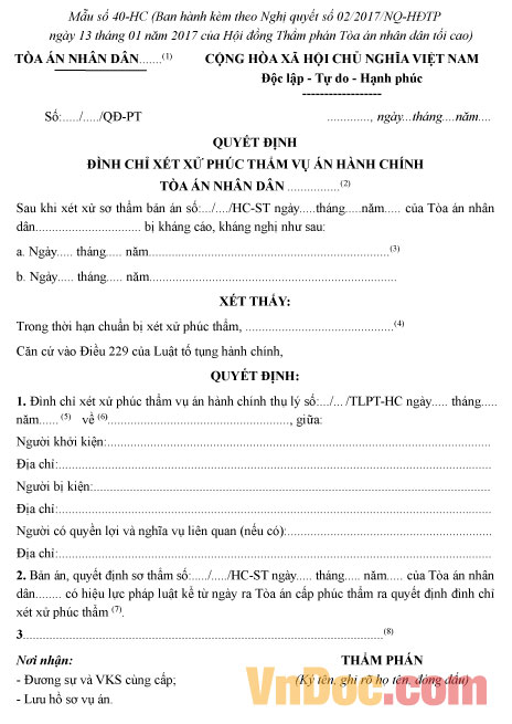 Mẫu quyết định đình chỉ xét xử phúc thẩm vụ án hành chính