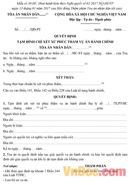 Mẫu quyết định tạm đình chỉ xét xử phúc thẩm vụ án hành chính