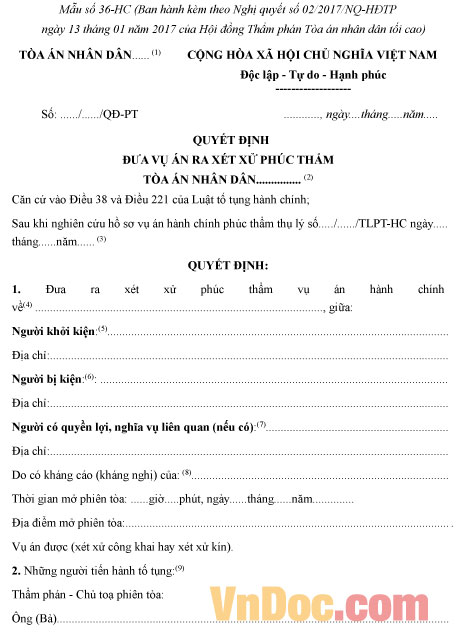 Mẫu số 36-HC: Quyết định đưa vụ án ra xét xử phúc thẩm