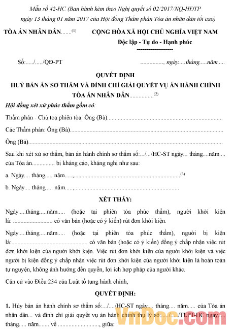 Mẫu số 42-HC: Quyết định hủy bản án sơ thẩm vụ án hành chính