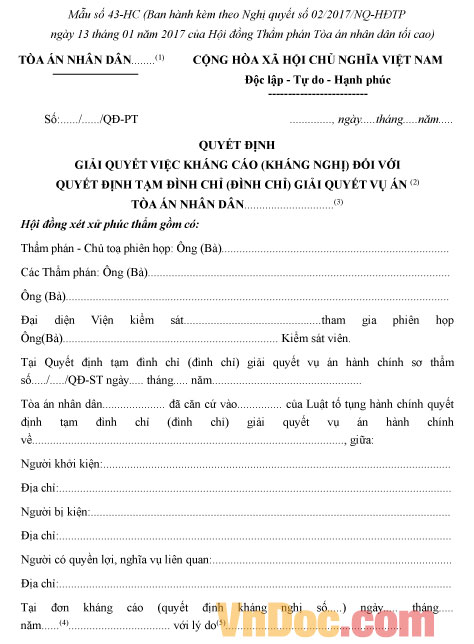 Mẫu số 43-HC: Quyết định giải quyết việc kháng cáo (kháng nghị)