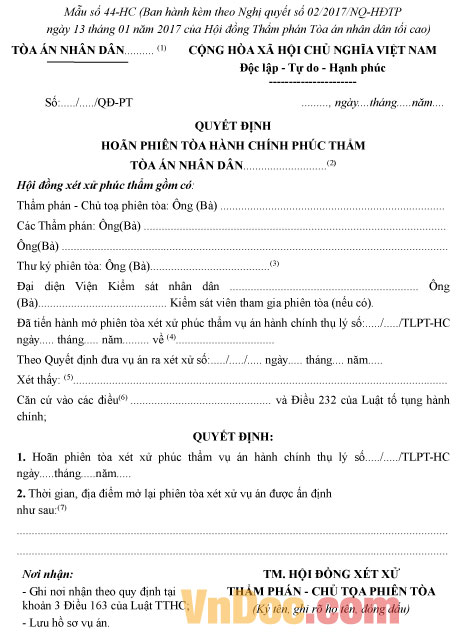 Mẫu số 44-HC: Quyết định hoãn phiên tòa hành chính phúc thẩm