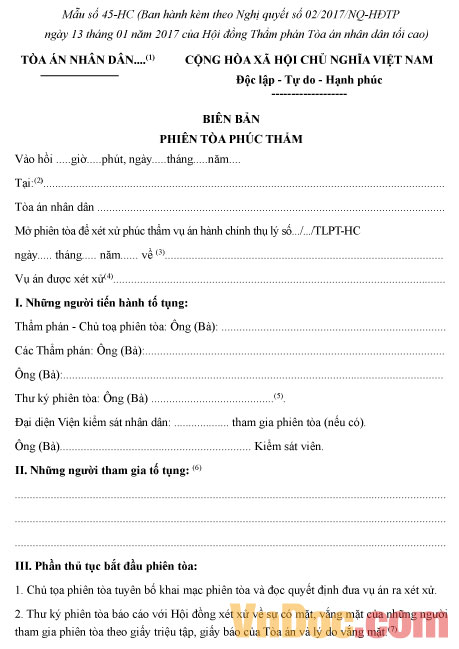 Mẫu số 45-HC: Biên bản phiên tòa phúc thẩm vụ án hành chính