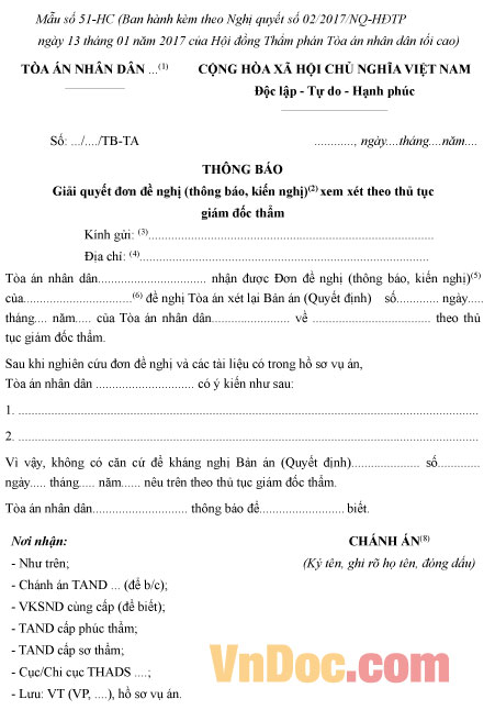 Mẫu số 51-HC: Thông báo giải quyết đơn đề nghị xem xét theo thủ tục giám đốc thẩm