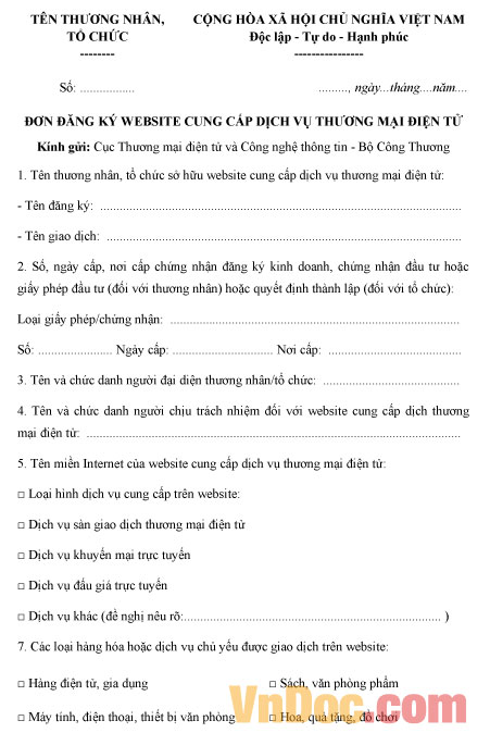 Mẫu đơn đăng ký Website cung cấp dịch vụ thương mại điện tử
