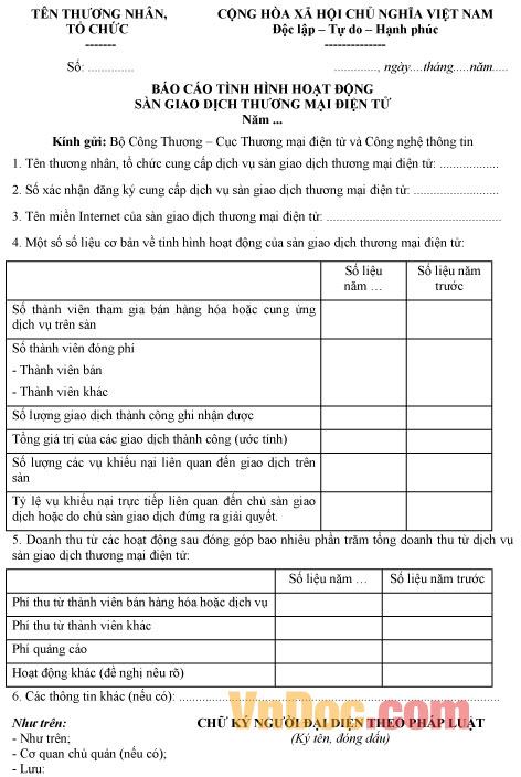 Mẫu báo cáo tình hình hoạt động năm của sàn giao dịch thương mại điện tử