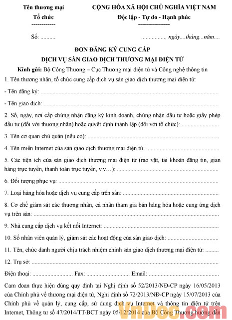 Mẫu đơn đăng ký cung cấp dịch vụ sàn giao dịch thương mại điện tử