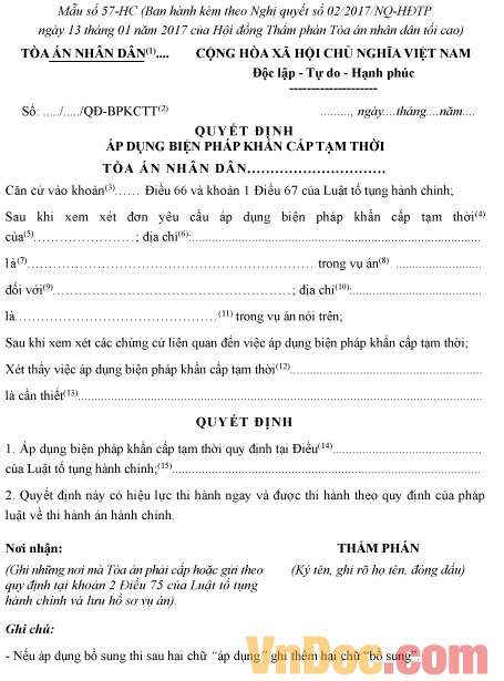 Mẫu số 57-HC: Quyết định áp dụng biện pháp khẩn cấp tạm thời