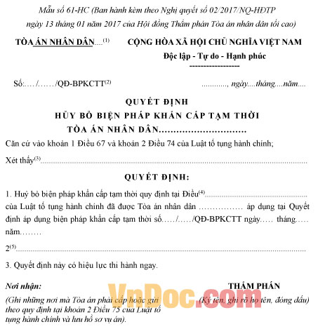 Mẫu số 61-HC: Quyết định hủy bỏ biện pháp khẩn cấp tạm thời