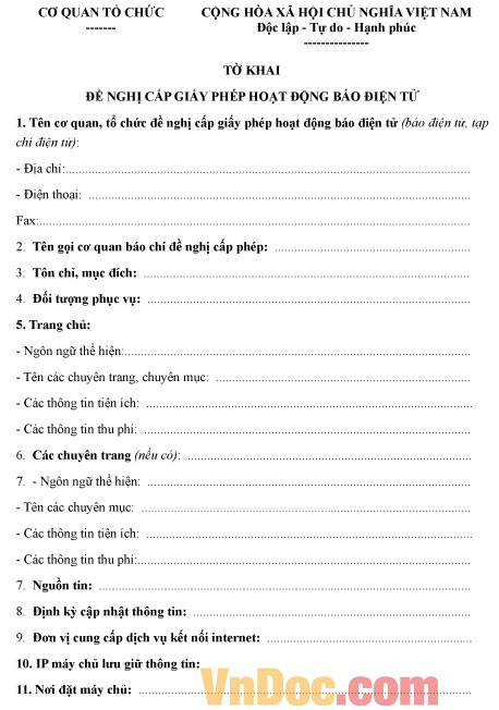 Tờ khai đề nghị cấp giấy phép hoạt động báo điện tử Mẫu tờ khai đề nghị cấp giấy phép hoạt động báo điện tử
