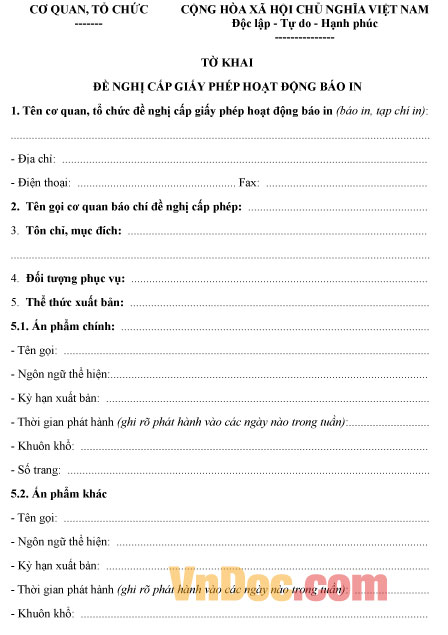 Tờ khai đề nghị cung cấp giấy phép hoạt động báo in Mẫu tờ khai đề nghị cung cấp giấy phép hoạt động báo in