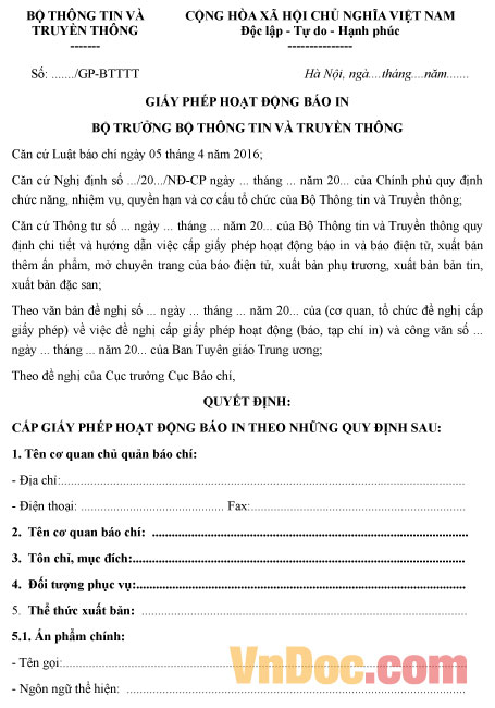 Mẫu giấy phép hoạt động báo chí in