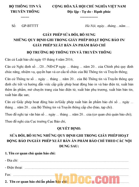 Mẫu giấy phép sửa đổi, bổ sung những quy định trong giấy phép hoạt động báo chí in