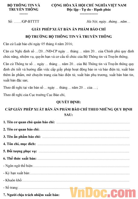 Mẫu giấy phép xuất bản ấn phẩm báo chí