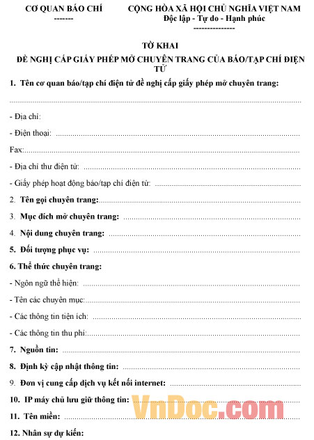 Mẫu tờ khai đề nghị cấp giấy mở chuyên trang của báo/tạp chí điện tử