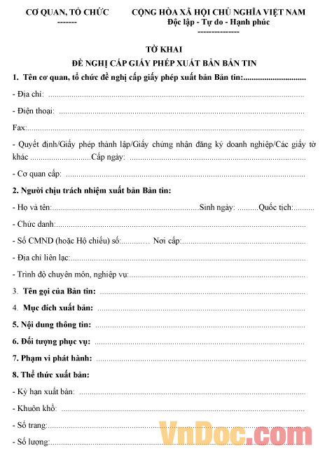 Mẫu tờ khai đề nghị cấp giấy phép xuất bản bản tin