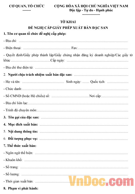 Mẫu tờ khai đề nghị cấp giấy phép xuất bản đặc san