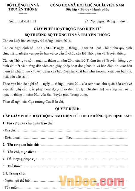 Mẫu giấy phép hoạt động báo điện tử