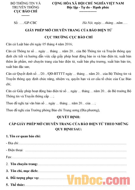 Mẫu giấy phép mở chuyên trang của báo điện tử