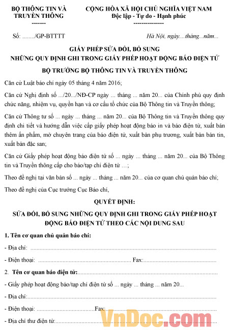 Mẫu giấy phép sửa đổi, bổ sung những quy định trong giấy phép hoạt động báo điện tử