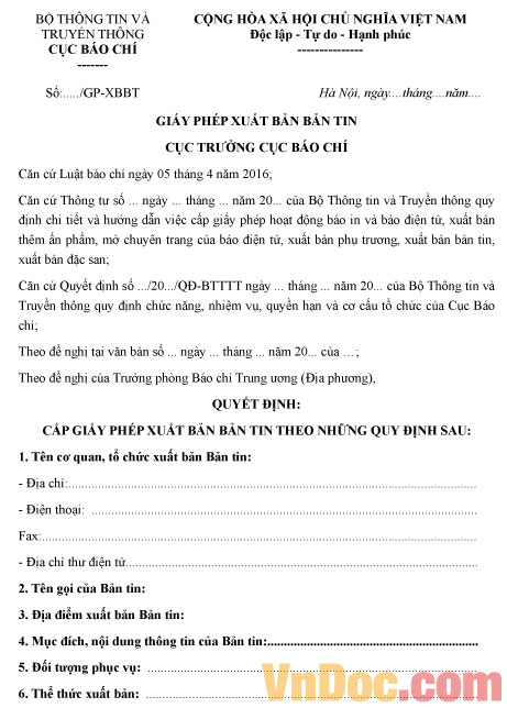 Mẫu giấy phép xuất bản bản tin