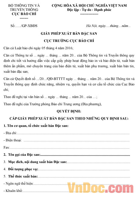 Mẫu giấy phép xuất bản đặc san