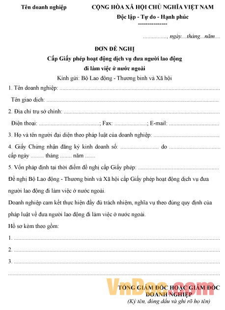 Mẫu đơn đề nghị cấp giấy phép hoạt động dịch vụ đưa người lao động đi làm việc ở nước ngoài