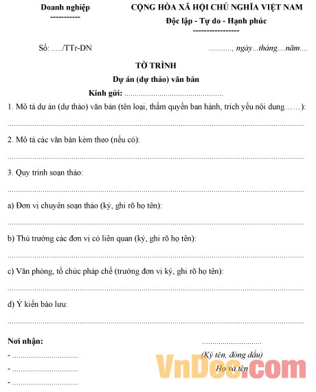 Mẫu tờ trình dự thảo văn bản