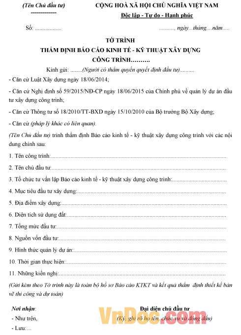 Mẫu tờ trình thẩm định Báo cáo kinh tế - kỹ thuật xây dựng công trình