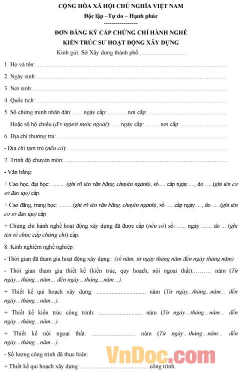 Mẫu đơn đăng ký cấp chứng chỉ hành nghề kiến trúc sư hoạt động xây dựng