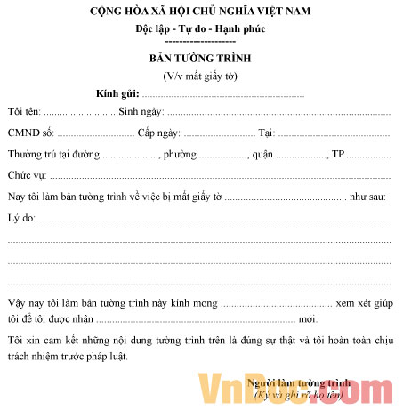 Mẫu bản tường trình về việc mất giấy tờ