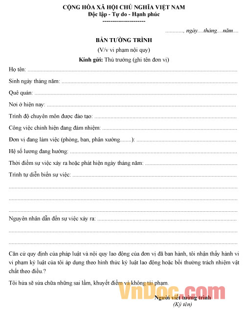 Bản tường trình về việc vi phạm nội quy Mẫu bản tường trình về việc vi phạm nội quy