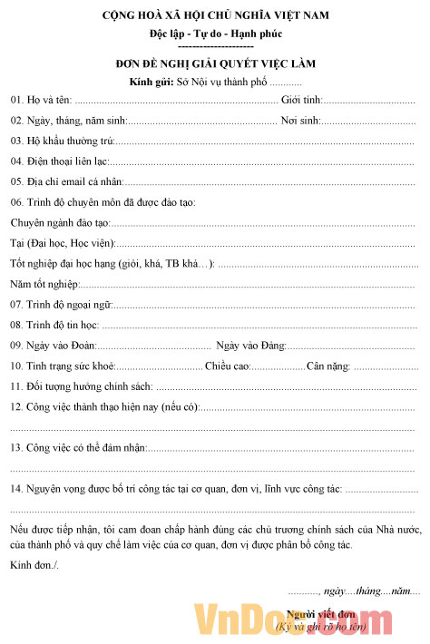 Mẫu đơn đề nghị giải quyết việc làm