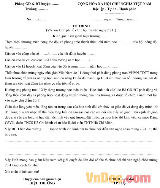 Mẫu tờ trình xin kinh phí tổ chức hội thi