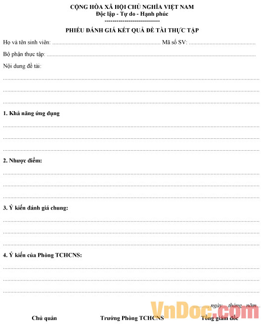 Mẫu bảng đánh giá kết quả đề tài thực tập