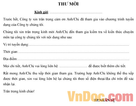 Mẫu thư mời làm bài kiểm tra